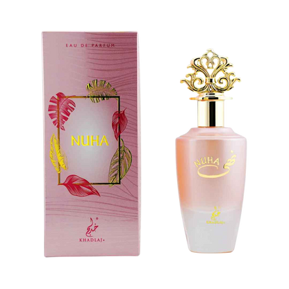 Khadlaj Nuha perfume for women 85ml – pale pink bottle beside its pink floral box