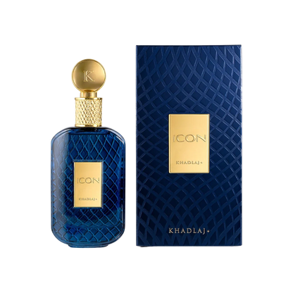 Khadlaj Icon perfume for men 100ml – blue bottle beside its blue box