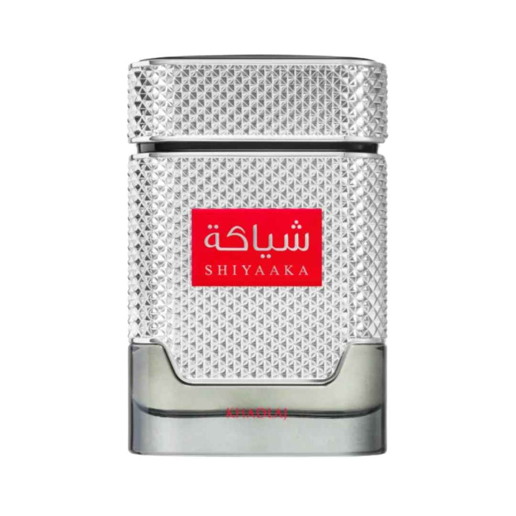 Minimalist design of Khadlaj Shiyaaka Silver EDP for men featuring crisp vetiver and cedar notes.