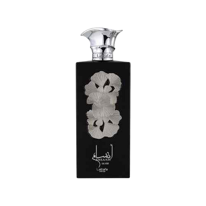 Lattafa Ansaam Silver perfume – full-size black bottle with silver floral emblem