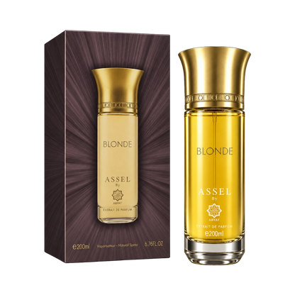 Abyat Assel Blonde extrait perfume unisex 200ml – yellow bottle beside its brown box