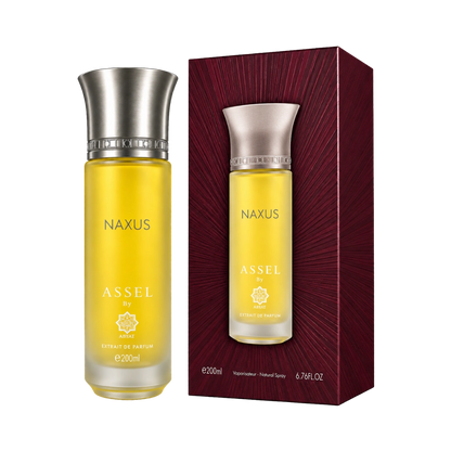 Abyat Assel Naxus extrait perfume for men 200ml – yellow bottle beside its burgundy box