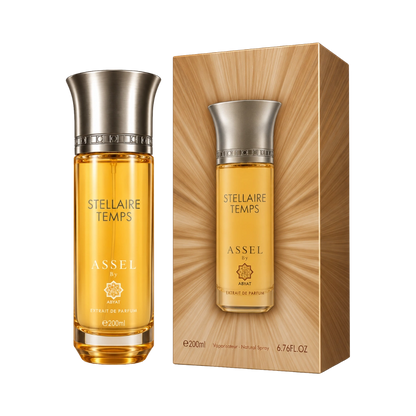 Abyat Assel Stellaire Temps extrait perfume unisex 200ml – amber bottle beside its tan box