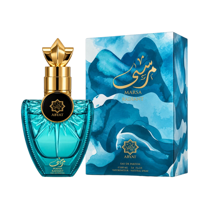 Abyat Marsa Radiant perfume for men 100ml – turquoise bottle beside its blue box
