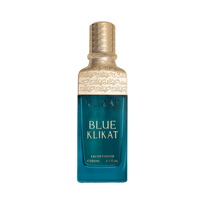 Al Ezz Oud Blue Klikat perfume for men – full-size teal bottle with ornate gold cap