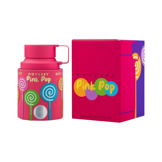 Odyssey Pink Pop Eau de Parfum bottle and its retail box, featuring a bright pink color scheme with colorful lollipop graphics on a plain white background.
