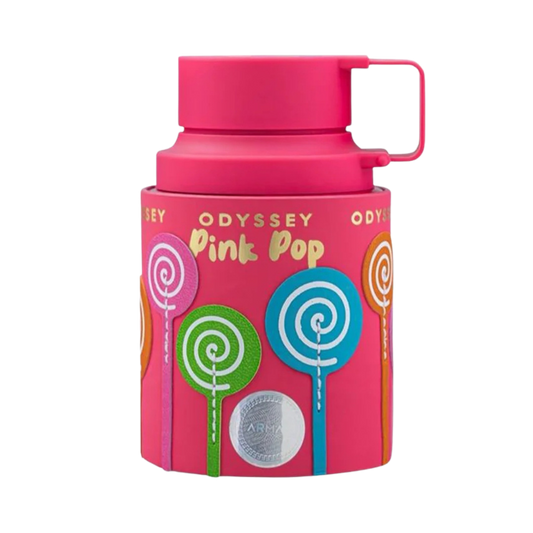 A pink insulated water bottle with a matching lid and carry loop, wrapped in a bright pink sleeve printed with the words 'ODYSSEY Pink Pop' and colorful spiral lollipop graphics, on a plain white background.