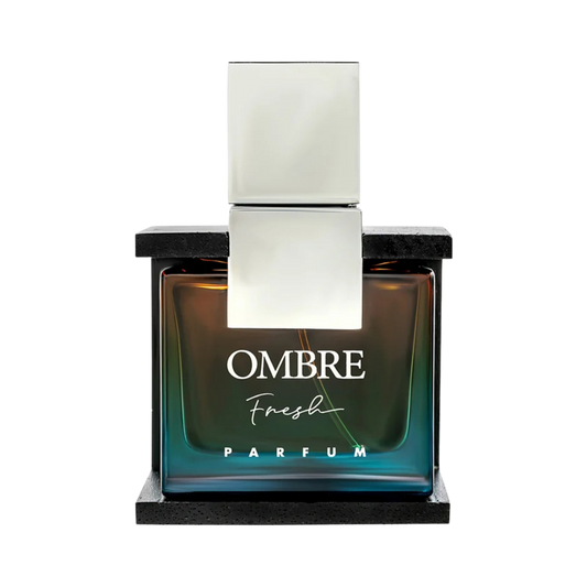 Ombre Fresh Parfum bottle with a square silver cap and a gradient green-to-blue glass body, set against a plain white background.