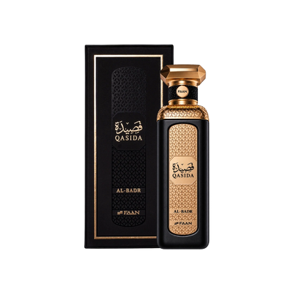 Faan Qasida Al Badr perfume for men 200ml – black bottle beside its black box