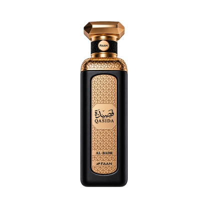 Faan Qasida Al Badr perfume for men 200ml – black bottle with rose-gold lattice label