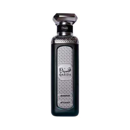 Faan Qasida Bakhur perfume for men 200ml – dark teal bottle with silver lattice label