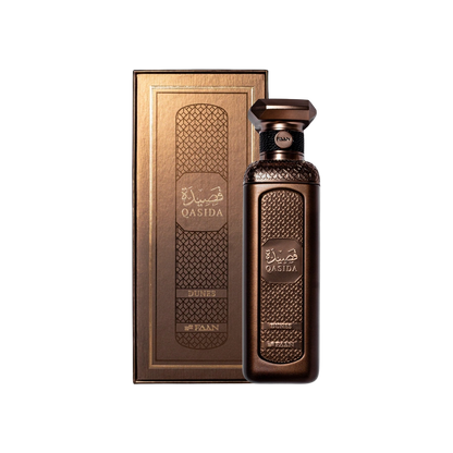 Faan Qasida Dunes perfume for men 200ml – brown bottle beside its bronze box