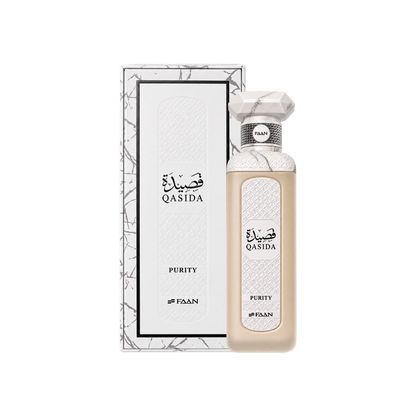 Faan Qasida Purity perfume for men 200ml – cream bottle beside its white box