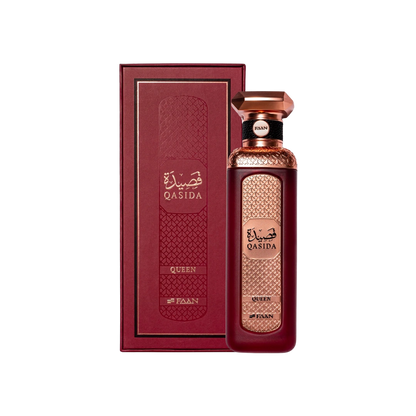 Faan Qasida Queen perfume for women 200ml – burgundy bottle beside its burgundy box