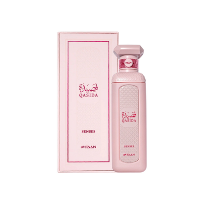 Faan Qasida Senses perfume for women 200ml – pink bottle beside its pink box