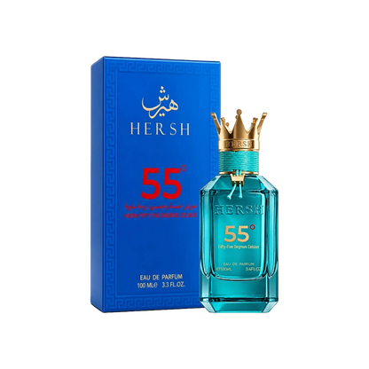 Al Ezz Oud Hersh 55 Degrees Celsius perfume for men 100ml – turquoise bottle beside its blue box