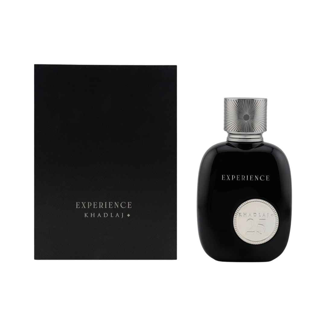 Khadlaj 25 Experience EDP men's bottle highlighting woody fig tree and incense notes.