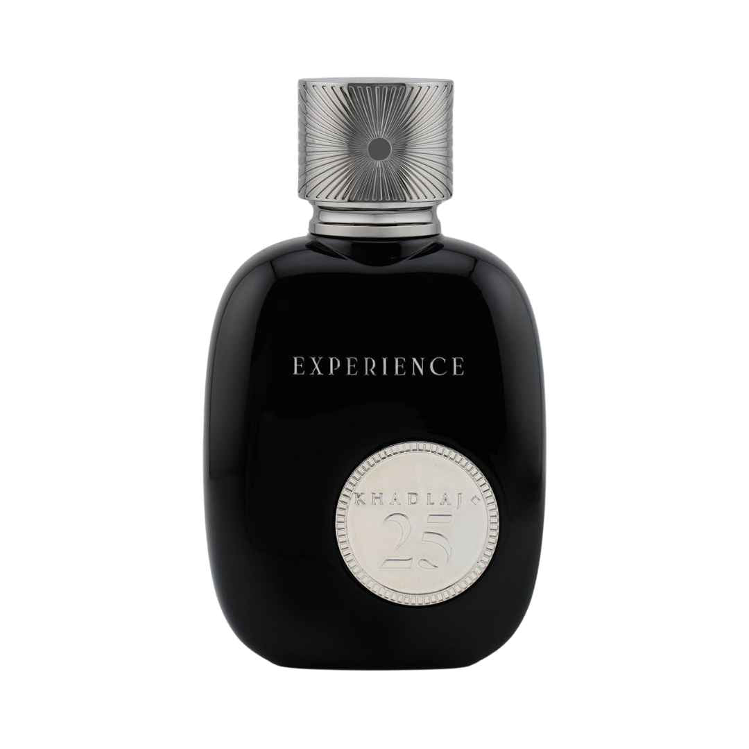 Khadlaj 25 Experience EDP men's bottle highlighting woody fig tree and incense notes.