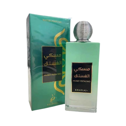 Khadlaj Musky Pistachio Water Perfume unisex 100ml – mint green bottle beside its teal box