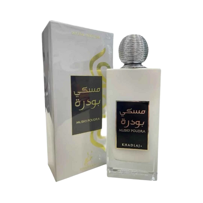 Khadlaj Musky Poudra Water Perfume unisex 100ml – white bottle beside its silver box