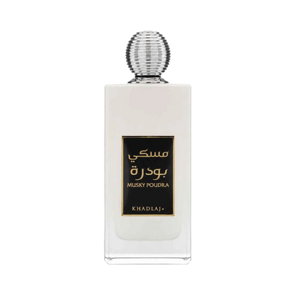 Khadlaj Musky Poudra Water Perfume unisex 100ml – white bottle with silver cap and Arabic label