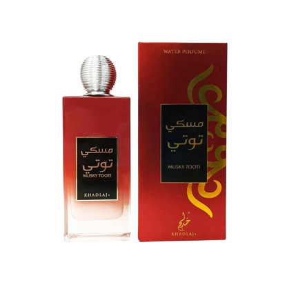 Khadlaj Musky Tooti Water Perfume unisex 100ml – red bottle beside its red box