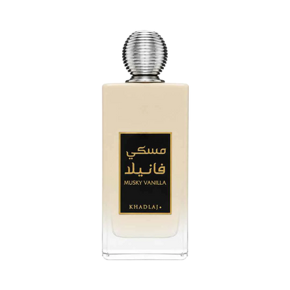 Khadlaj Musky Vanilla Water Perfume unisex 100ml – cream bottle with silver cap and Arabic label