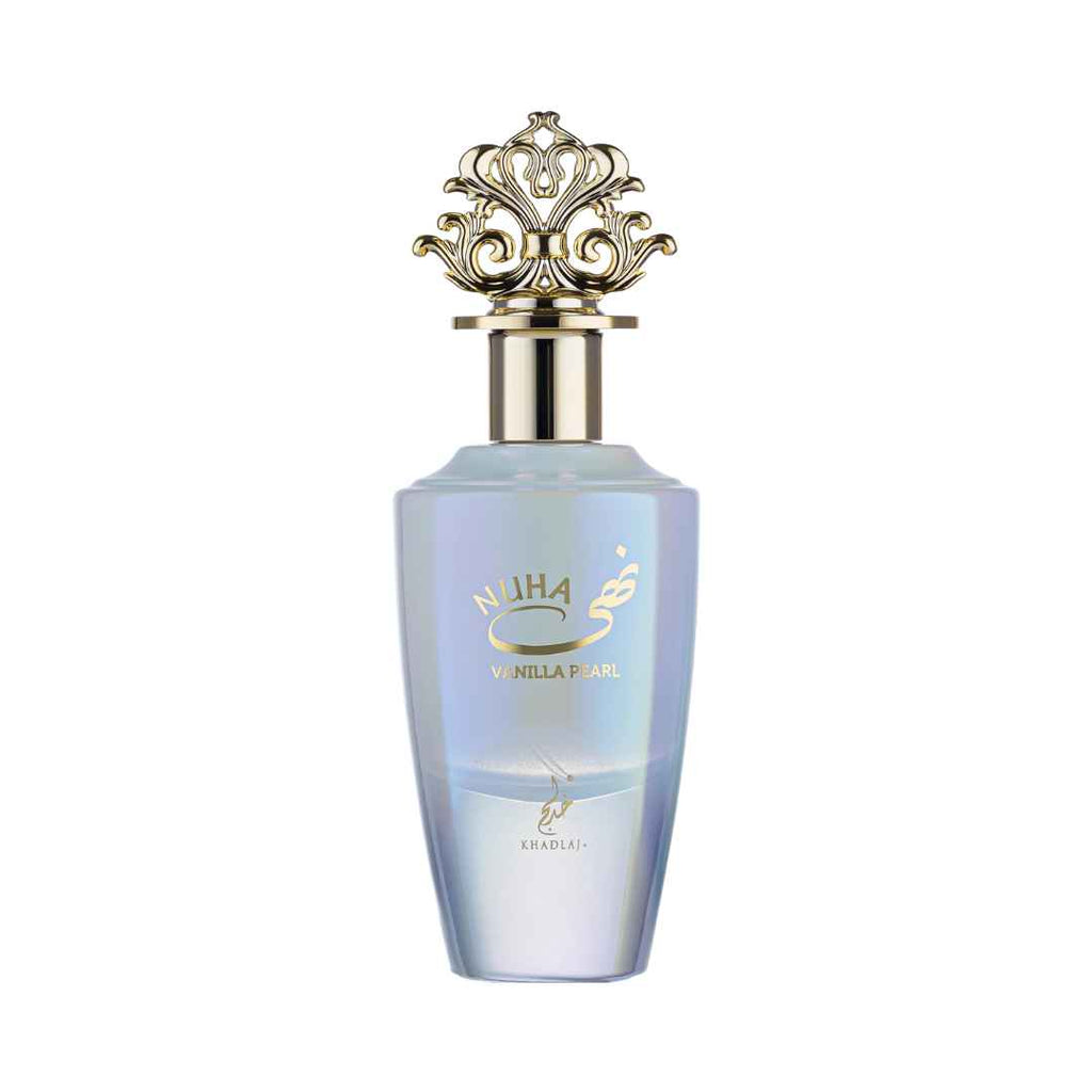 Elegant bottle of Khadlaj Nuha Vanilla Pearl EDP featuring contrasting strawberry and moss notes.