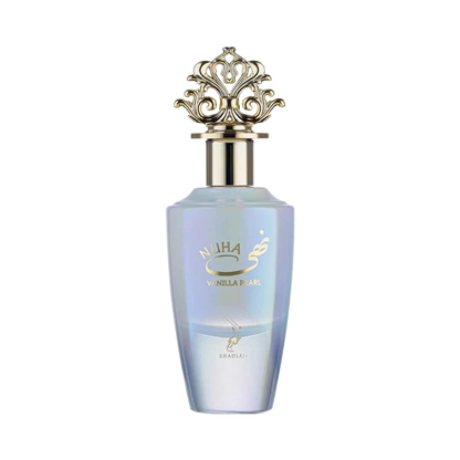 Khadlaj Nuha Vanilla Pearl perfume for women 85ml – pale blue iridescent bottle with ornate silver cap
