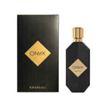Khadlaj Onyx Gold EDP men's bottle highlighting rum and rich patchouli notes.