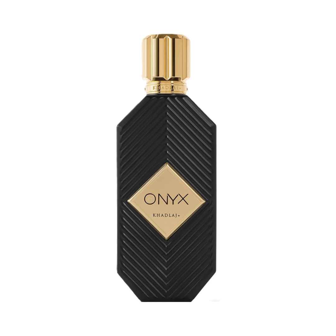 Khadlaj Onyx Gold EDP men's bottle highlighting rum and rich patchouli notes.