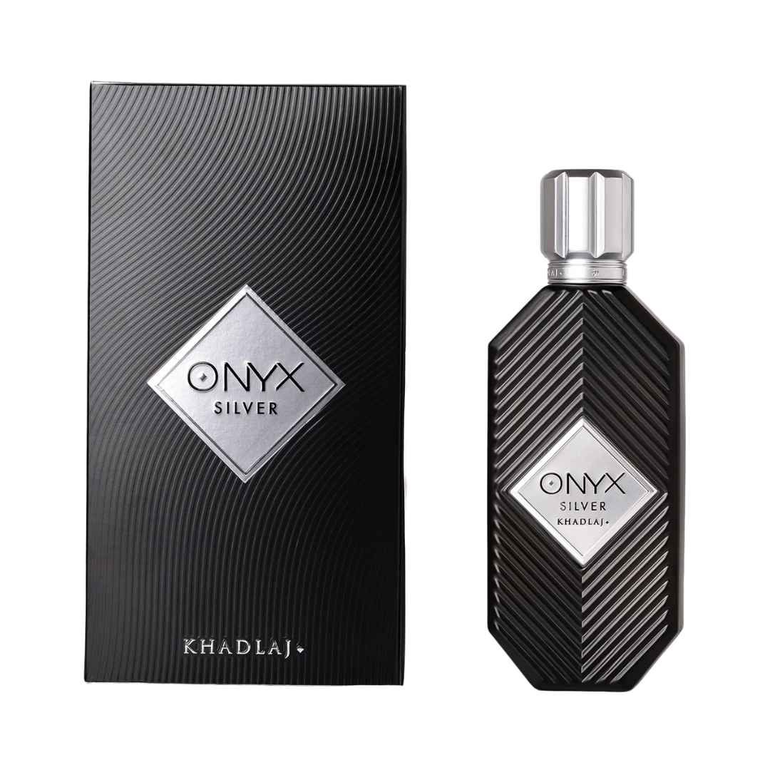 Khadlaj Onyx Silver EDP men's bottle highlighting black pepper and deep patchouli notes.