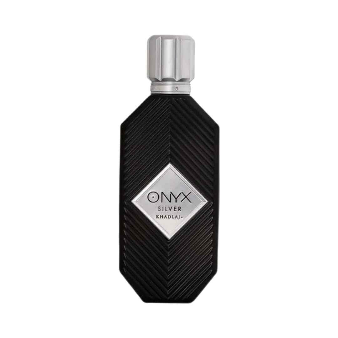 Khadlaj Onyx Silver EDP men's bottle highlighting black pepper and deep patchouli notes.