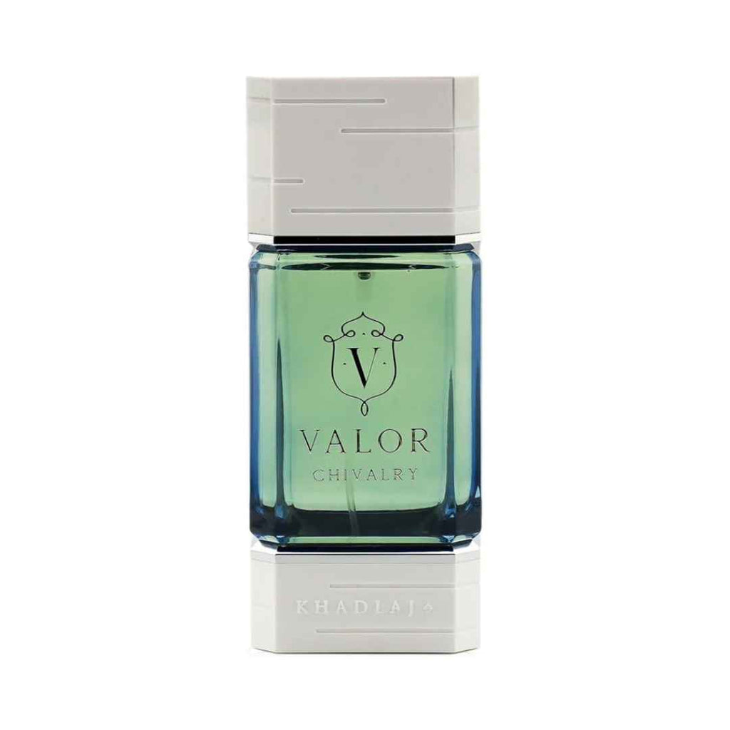 Khadlaj Valor Chivalry EDP men's bottle highlighting pineapple and cedarwood notes.