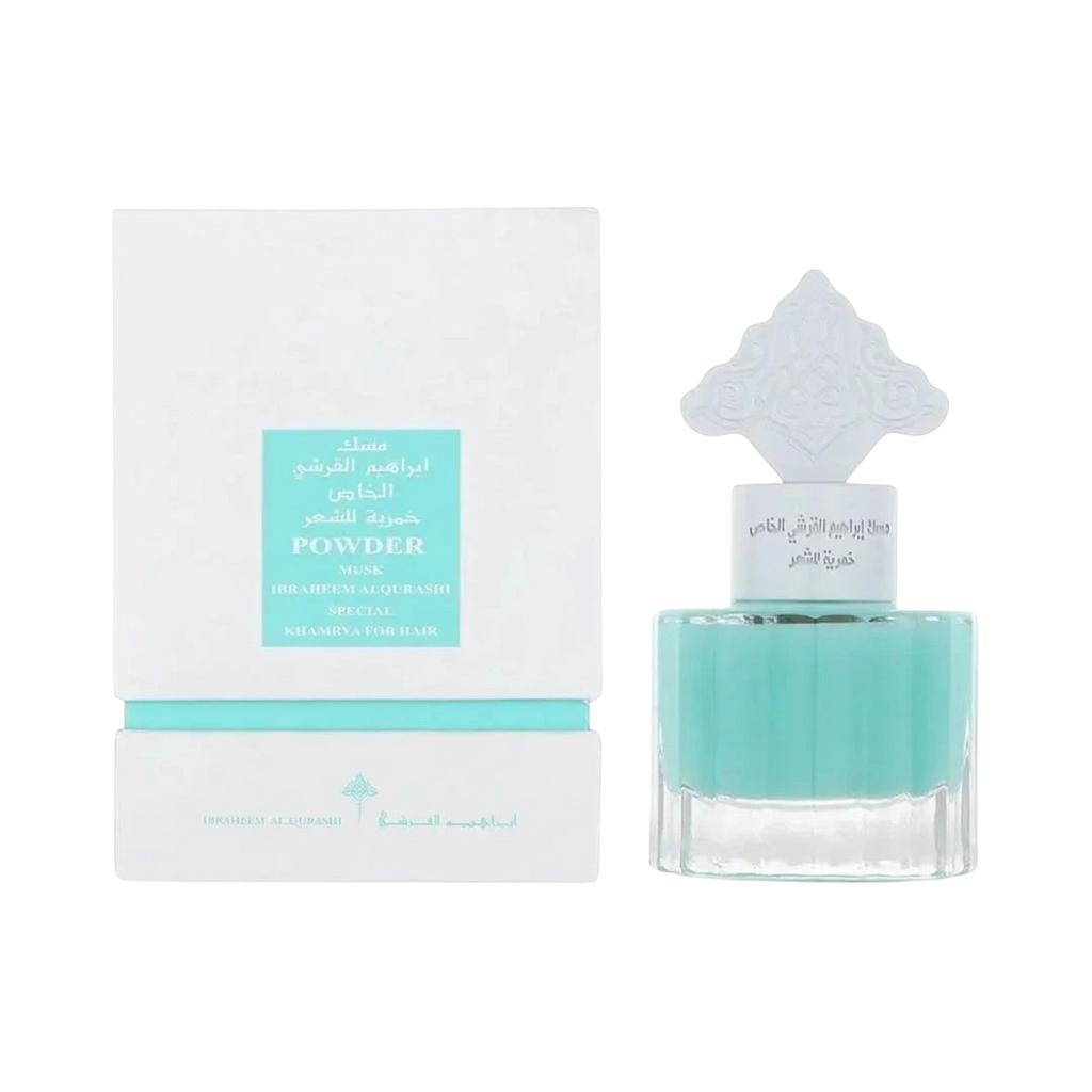 Hadiyyeh IBRAQ Powder Musk hair mist bottle and white box featuring a light blue liquid and ornate decorative cap.