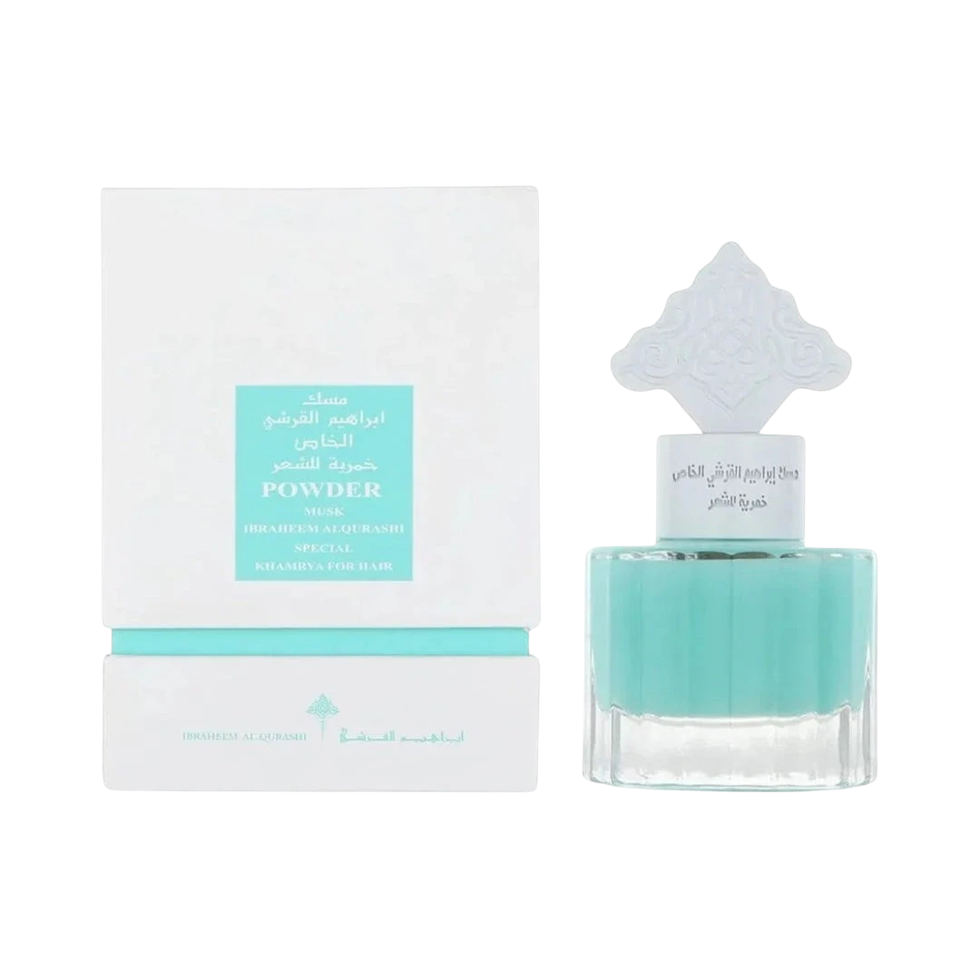 Hadiyyeh IBRAQ Powder Musk hair mist bottle and white box featuring a light blue liquid and ornate decorative cap.