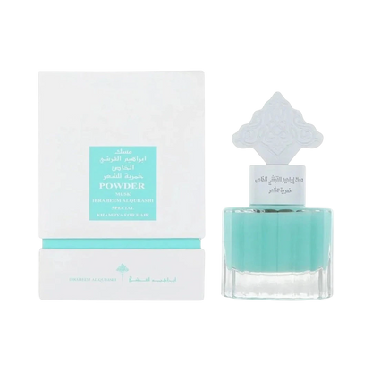 Hadiyyeh IBRAQ Powder Musk hair mist bottle and white box featuring a light blue liquid and ornate decorative cap.