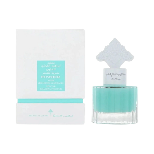 Hadiyyeh IBRAQ Powder Musk hair mist bottle and white box featuring a light blue liquid and ornate decorative cap.