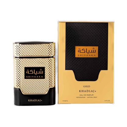 Khadlaj Shiyaaka Gold perfume for women 100ml – gold and black bottle beside its gold box
