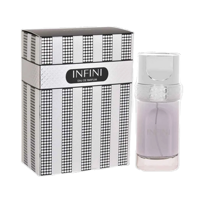 Khadlaj Infini perfume for men 100ml – lilac bottle beside its striped box