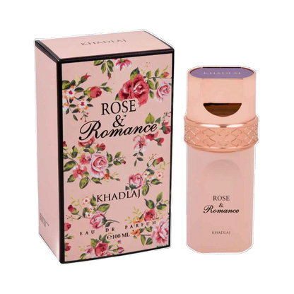 Khadlaj Rose & Romance perfume for women 100ml – peach bottle beside its floral print box
