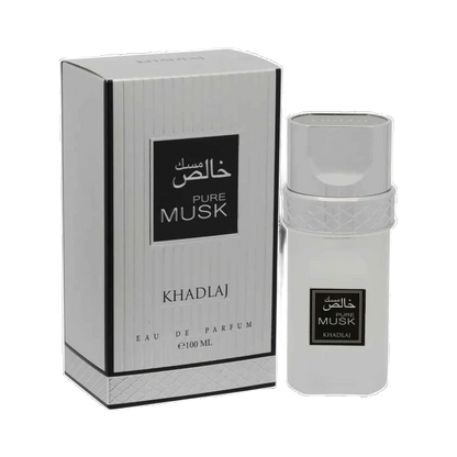 Khadlaj Pure Musk perfume unisex 100ml – silver bottle beside its silver box