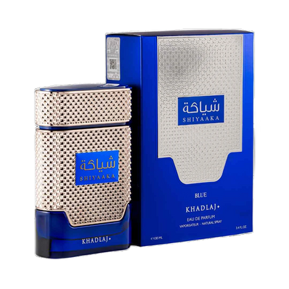 Khadlaj Shiyaaka Blue perfume for men 100ml – blue and silver bottle beside its blue box