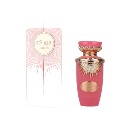 Lattafa Jouri perfume for women 100ml – pink bottle beside its white box