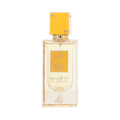 Lattafa Ana Abiyedh Passion perfume for women 60ml – clear rectangular bottle with yellow cap and label